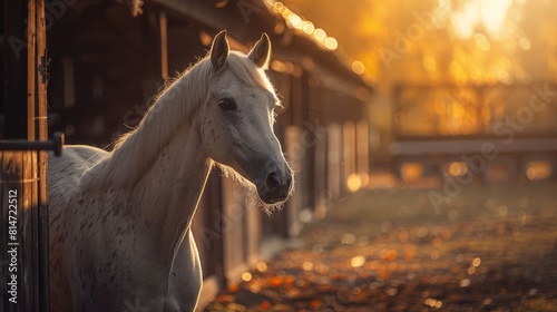 Close-up of a horse looking out from a stable, with a soft focus on the rural backdrop.