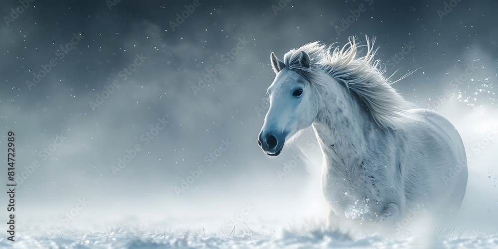 Beautiful white horse with long mane portrait in winter snowfall