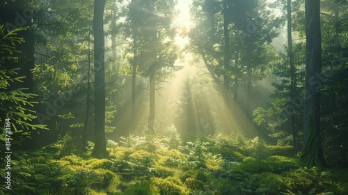A beautiful sunlit forest. The sun rays shine through the tall trees. The forest is full of lush green vegetation.