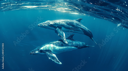 Majestic whales and a dolphin glide together through deep ocean waters  bathed in sunlight