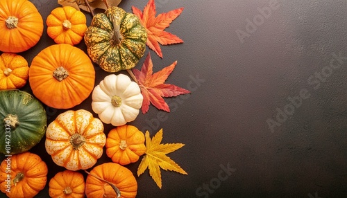 Verschiedene Kürbisse in den Farben Orange, Weiß und Grün auf dunklem Hintergrund, Raum für Text, Pumpkin Art photo