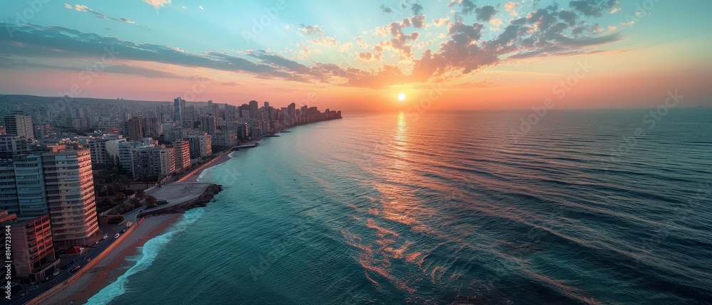 Obraz premium Depict Lebanese baklava, rich with nuts and honey, floating around a 3D Beirut coastline at sunset