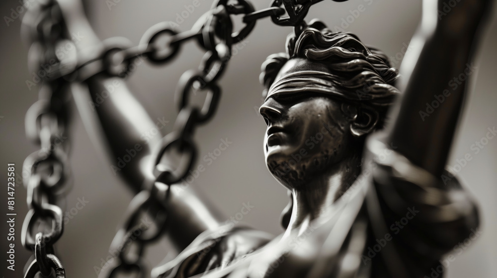 A close-up of a bronze statue of Lady Justice, emphasizing her blindfold and the chains she holds