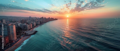 Depict Lebanese baklava, rich with nuts and honey, floating around a 3D Beirut coastline at sunset photo