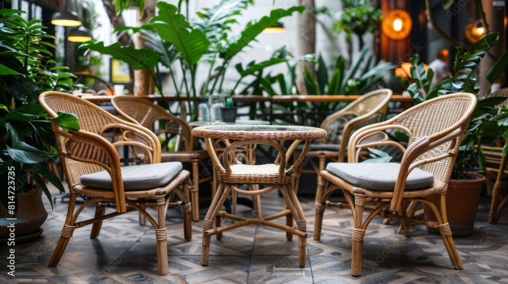 Lush indoor tropical cafe with natural light, perfect for travel and leisure industry promotions. Lush indoor tropical cafe with natural light, perfect for travel and leisure industry promotions.