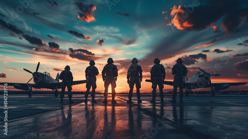 Pilots in uniform standing before aircraft at sunset, a dramatic sky behind them