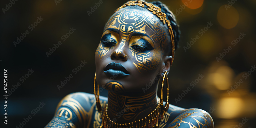 Obraz premium a black woman with golden tribal face paint
