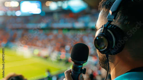 Sports journalist reporting live with a microphone at a vibrant soccer stadium photo