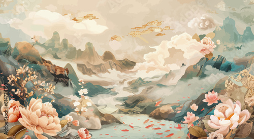 a painting of a mountain landscape with flowers #814724150
