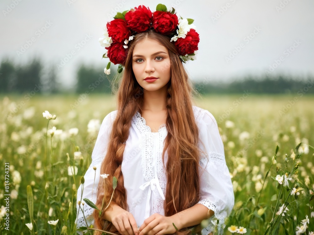 Portrait of a beautiful young woman in a wreath of flowers on the field Portrait of a beautiful young woman in a wreath of flowers on the field
