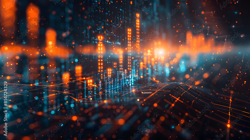 Fototapeta premium High tech background with stock market graph and financial data, blue color theme, blurred dark blur in the foreground. Abstract concept of business, market, shopping or trading concept. 