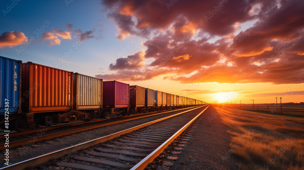 Fototapeta premium Freight Containers on Tracks at Sunset