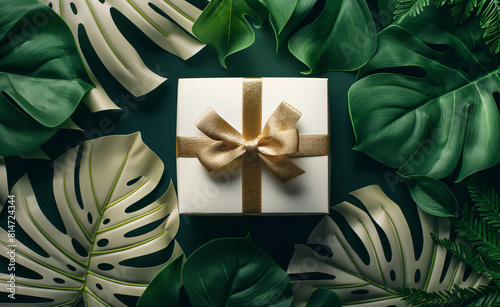 Tropical Elegance: White Gift Box with Gold Ribbon and Greenery