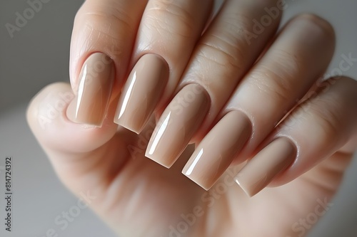  Closeup to woman hands with elegant neutral colors manicure. Beautiful natural looking gel polish manicure on square nails   