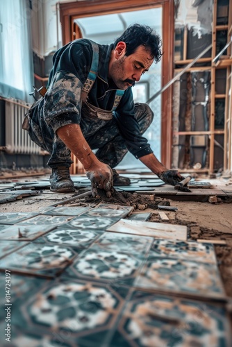 man lay tiles. selective focus