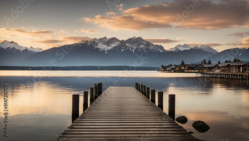 A wooden dock extending out into a calm lake  with snow-capped mountains in the distance.