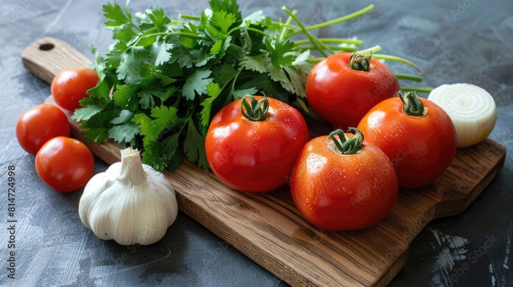 tomatoes onions, garlic, greens on a wooden board, top view. selective focus tomatoes onions, garlic, greens on a wooden board, top view. selective focus