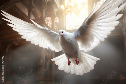 Graceful white dove soaring inside a cathedral with sunbeams filtering through windows photo