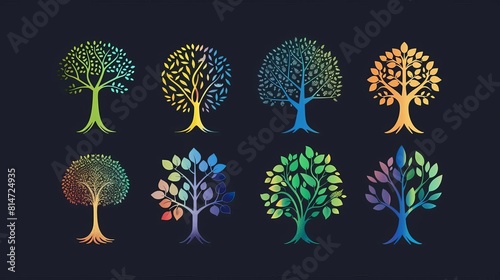 A set of eight colorful tree icons. The trees are all different colors  and they have different types of leaves. The icons are all on a transparent background.