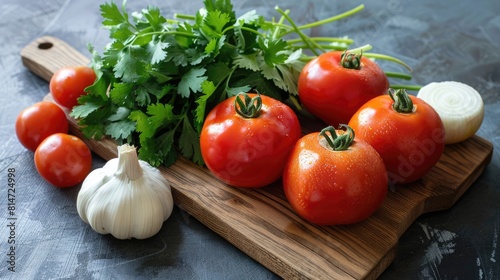 tomatoes onions, garlic, greens on a wooden board, top view. selective focus