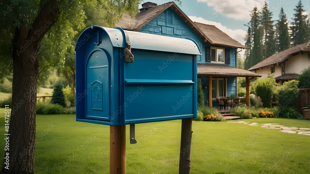 Vibrant blue mailbox in suburban landscape Vibrant blue mailbox in suburban landscape