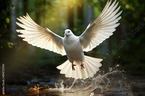 Beautiful white dove spreads its wings mid-flight above a serene water setting  capturing a moment of freedom