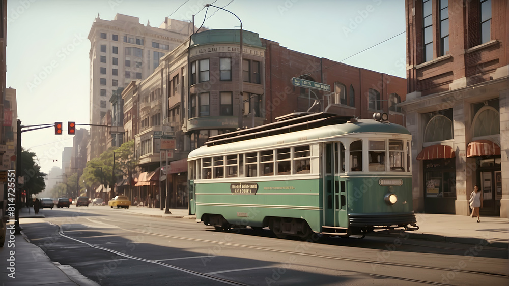 Historic tram on sunny city street