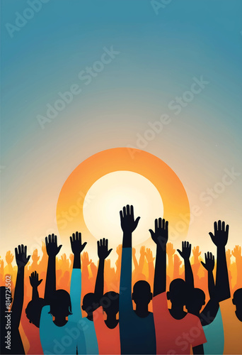 a group of people with hands up in the air and the sun behind them