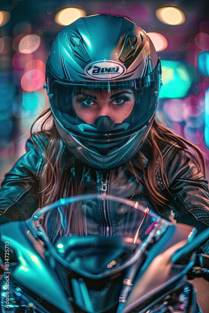a girl on a sports motorcycle. selective focus
