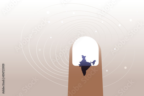 Conceptual illustration of a finger with an electoral stain in the shape of India. Concept of election in India.