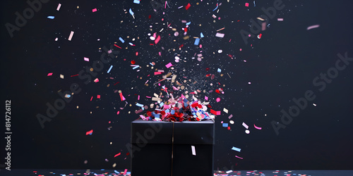 Luxury black gift box with colorful confetti explosion wallpaper photo