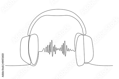 One line headphones with sound wave. Continuous drawing of music gadget. Continuous linear sketch. Doodle vector illustration