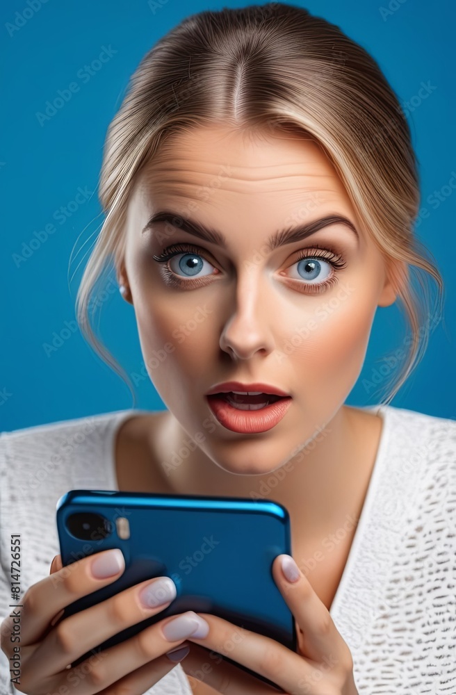 Portrait of a surprised girl with a smartphone in her hands with a curious expression on a blue pastel background Portrait of a surprised girl with a smartphone in her hands with a curious expression on a blue pastel background