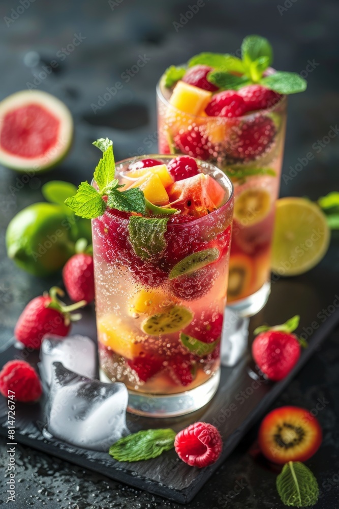 Fresh Fruit Sangria in Tall Glasses with Vibrant Berries and Mint Fresh Fruit Sangria in Tall Glasses with Vibrant Berries and Mint