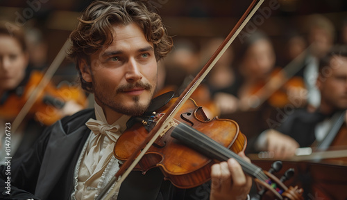 A professional musical ensemble playing in an old concert hall. A man with curly hair and beard plays the violin at the front of the stage, a symphonic orchestra is behind him.