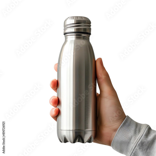 A hand holding a silver stainless steel water bottle isolated on a transparent background photo