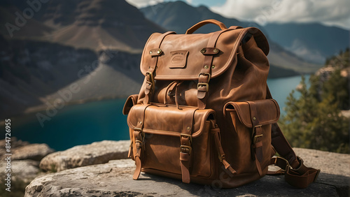 Vintage leather backpack on rocky ledge