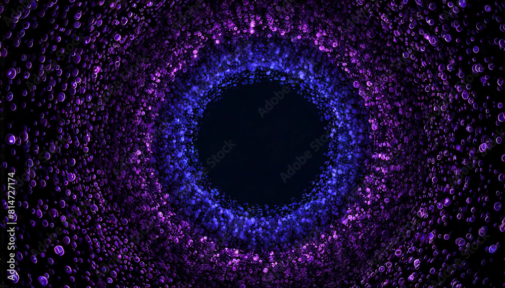 3D abstract water drops on a black circle, round background. top view, close-up, copy space for text in the center of dark blue and purple. Illustration. 3D abstract water drops on a black circle, round background. top view, close-up, copy space for text in the center of dark blue and purple. Illustration.