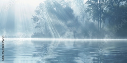 Serene Lake Landscape with Sun Rays Piercing Through Misty Forest