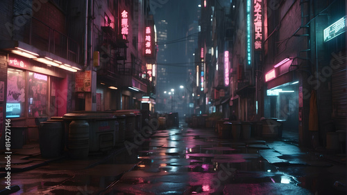Rainy neon-lit street at nighttime in city
