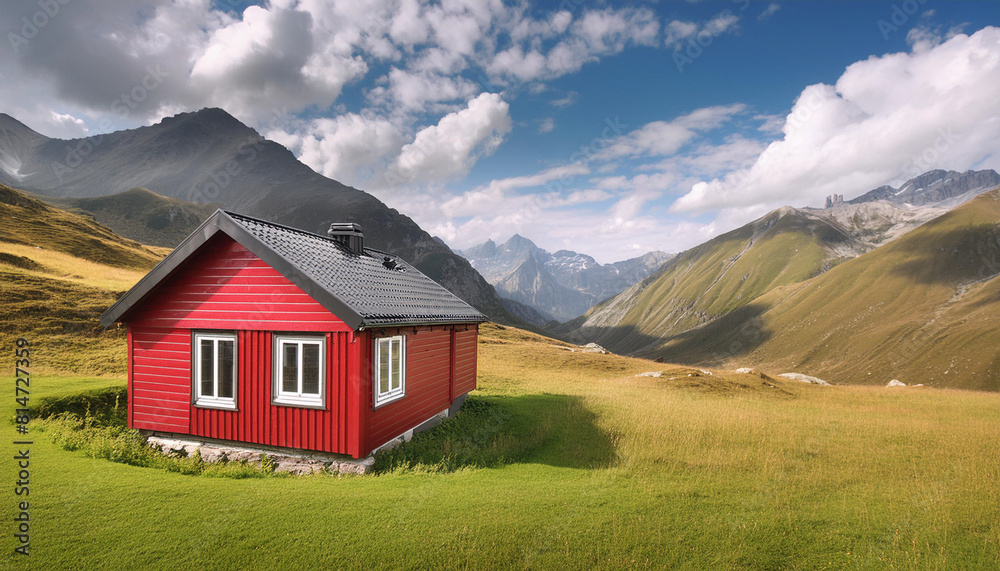 A red-painted house in a mountainous, short-cut meadow, wide view, copy space. A red-painted house in a mountainous, short-cut meadow, wide view, copy space.