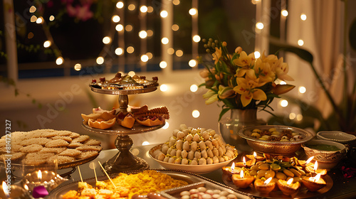 Diwali table set for festive with oil lamps and Indian sweets 