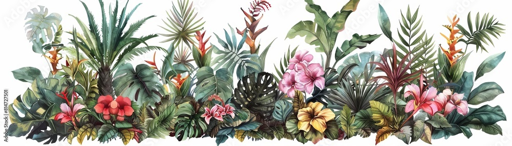 A lush tropical garden with a variety of plants and flowers A lush tropical garden with a variety of plants and flowers