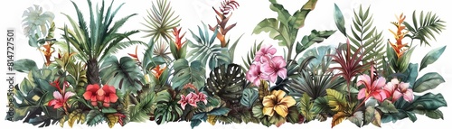 A lush tropical garden with a variety of plants and flowers