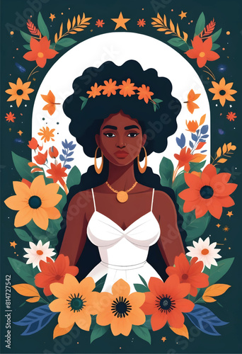 a poster of african woman with flowers blooming arround her