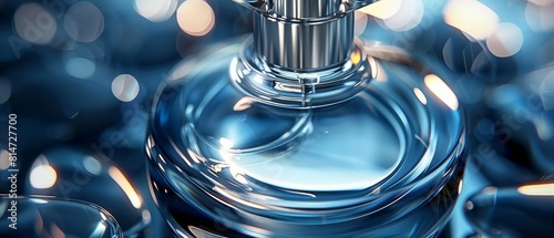 Highresolution capture of a perfume bottle with a tapered design, its elegant lines flowing into the mirrored surface, with label area photo