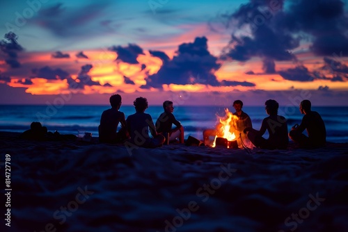 silhouette of group of people sitting in the front of the fire as they talk  seen from behind during dark night campfire  blurred background near the sea