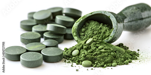 Green Chlorella or spirulina tablets and powder on white background