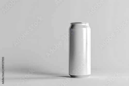 A metal cylinder of white soda rests on a white tabletop