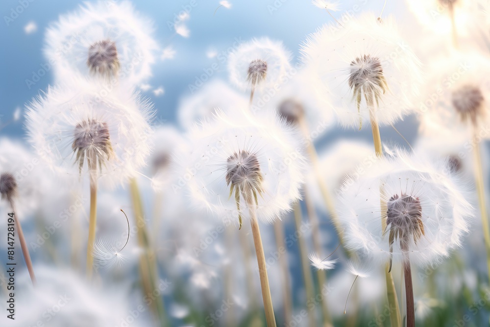 Serene scene of dandelion seeds dispersing on a gentle wind against a soft blue background Serene scene of dandelion seeds dispersing on a gentle wind against a soft blue background